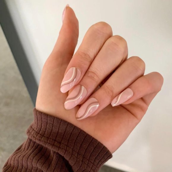 24 pcs Brown Swirl Almond Press On Nails| Glue On Nail Set | Press On Nail Short - Picture 2 of 5